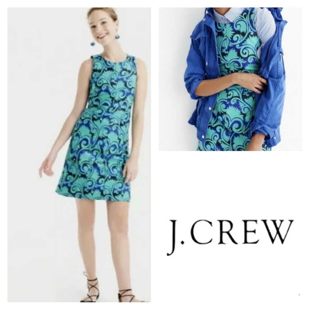J. Crew Jacquard Print Green and Navy Shift A-Line Sleeveless Dress Size 6
